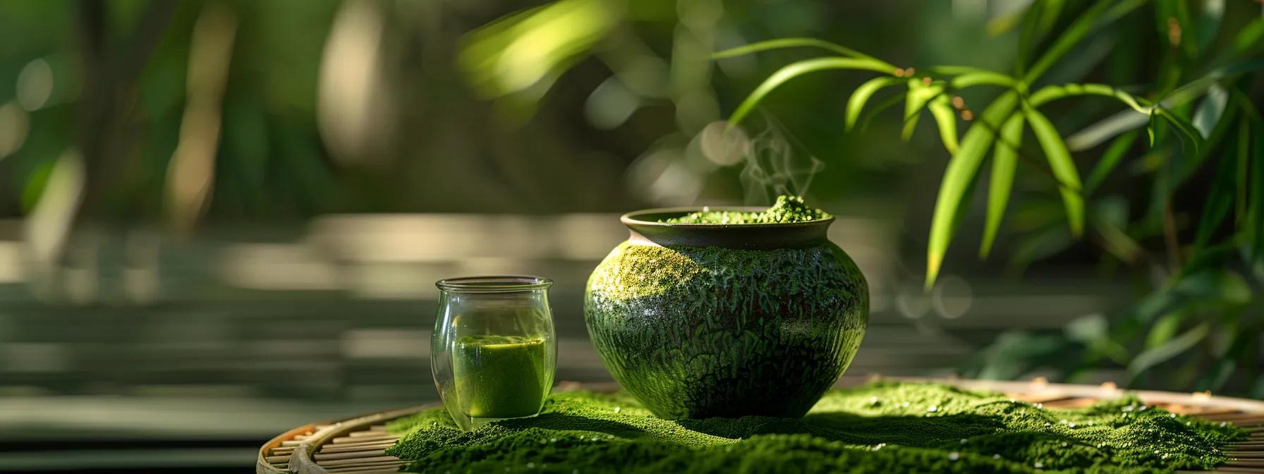 a visually captivating display of a sealed, elegant storage jar filled with vibrant green mushroom matcha, illuminated softly to emphasize its rich umami tones, set against a serene backdrop of natural greenery to convey freshness and purity.