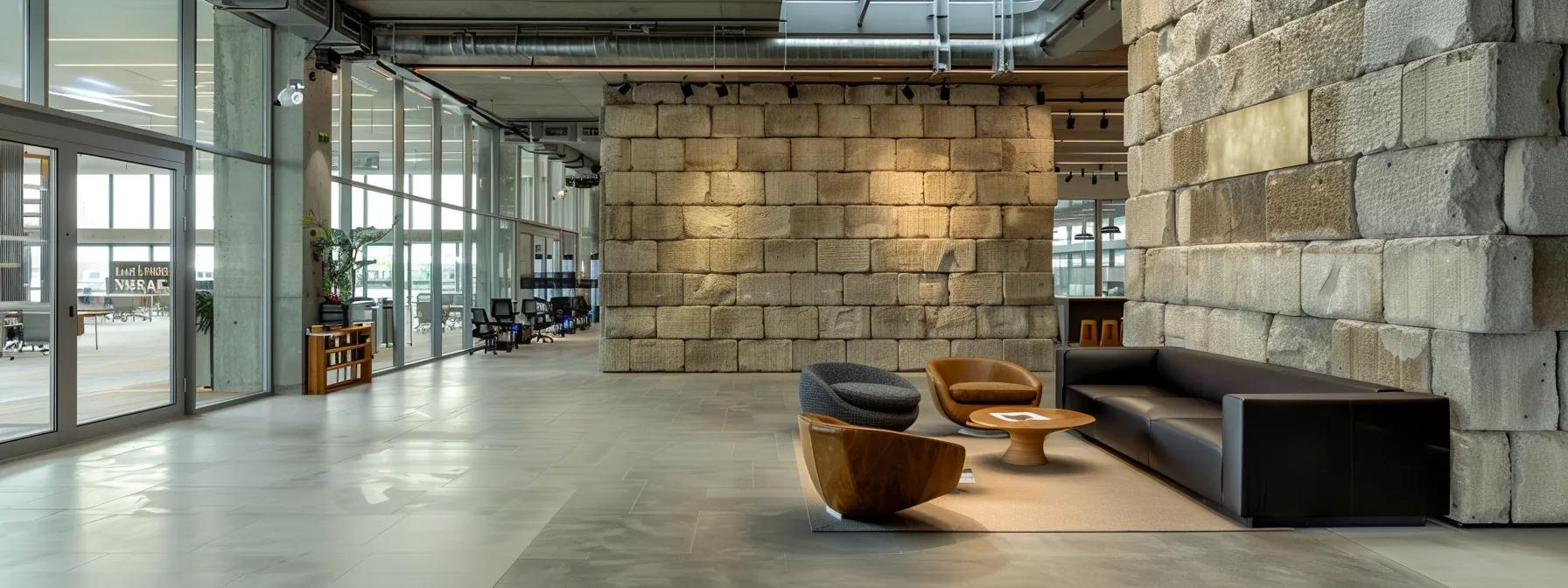 a visually captivating scene showcases robust concrete and elegant natural stone retaining wall blocks displayed in a modern, well-lit urban construction office, highlighting their unique textures and finishes against a sleek architectural backdrop.