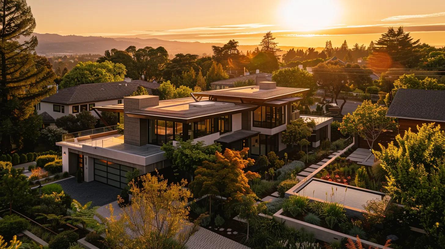 a visually compelling scene depicts a modern custom home nestled within a beautifully landscaped neighborhood, showcasing various zoning elements such as distinct land use categories, varying building heights, and spacious setbacks, all bathed in warm, golden hour lighting to emphasize creativity and regulatory harmony in home design. a visually compelling scene depicts a modern custom home nestled within a beautifully landscaped neighborhood, showcasing various zoning elements such as distinct land use categories, varying building heights, and spacious setbacks, all bathed in warm, golden hour lighting to emphasize creativity and regulatory harmony in home design.