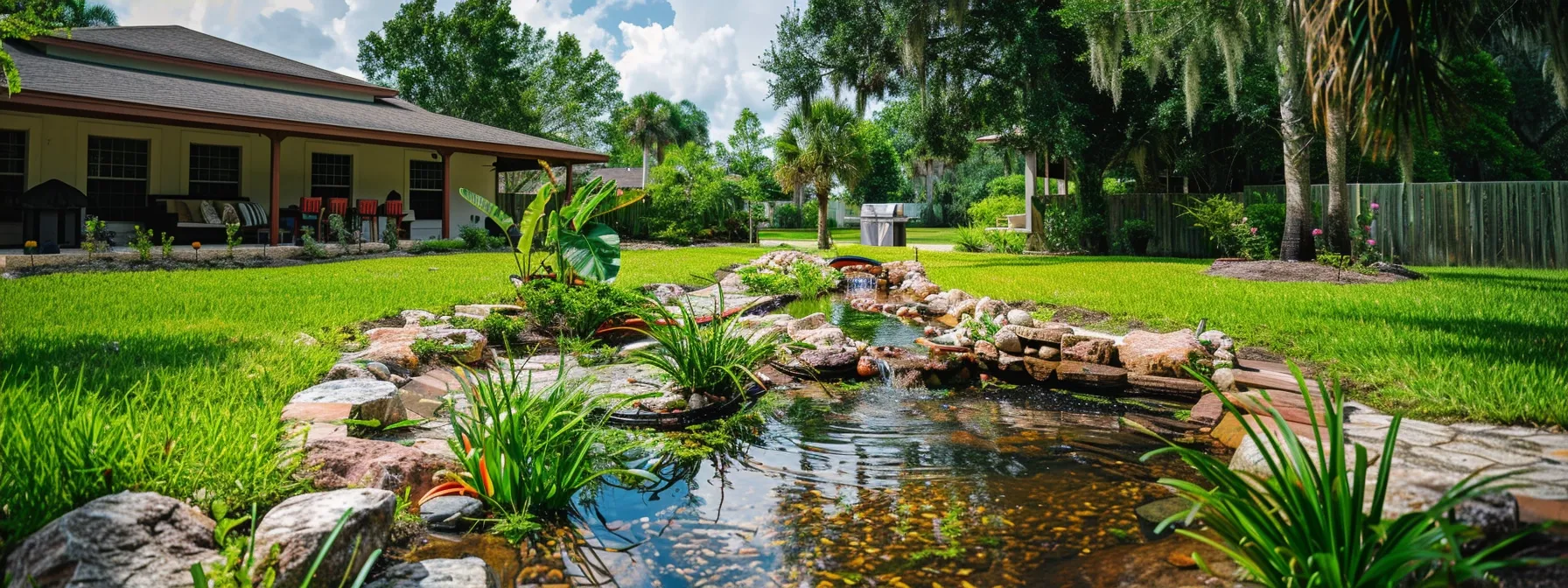 a visually compelling scene of a residential landscape in st. cloud, florida, showcasing various drainage solutions like french drains and retention ponds, with expertly installed drainage systems integrated into the backyard design, emphasizing effective water management. a visually compelling scene of a residential landscape in st. cloud, florida, showcasing various drainage solutions like french drains and retention ponds, with expertly installed drainage systems integrated into the backyard design, emphasizing effective water management.