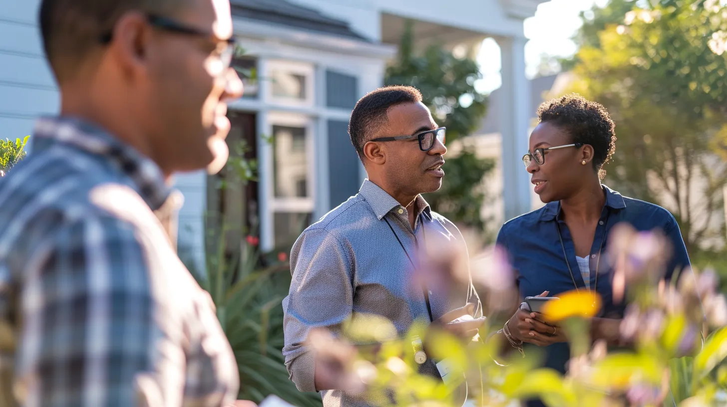 a visually compelling scene showcases a diverse group of homeowners intently discussing pricing models with a local contractor in a bright, sunlit outdoor setting, highlighting the contrast between local knowledge and national firms. a visually compelling scene showcases a diverse group of homeowners intently discussing pricing models with a local contractor in a bright, sunlit outdoor setting, highlighting the contrast between local knowledge and national firms.