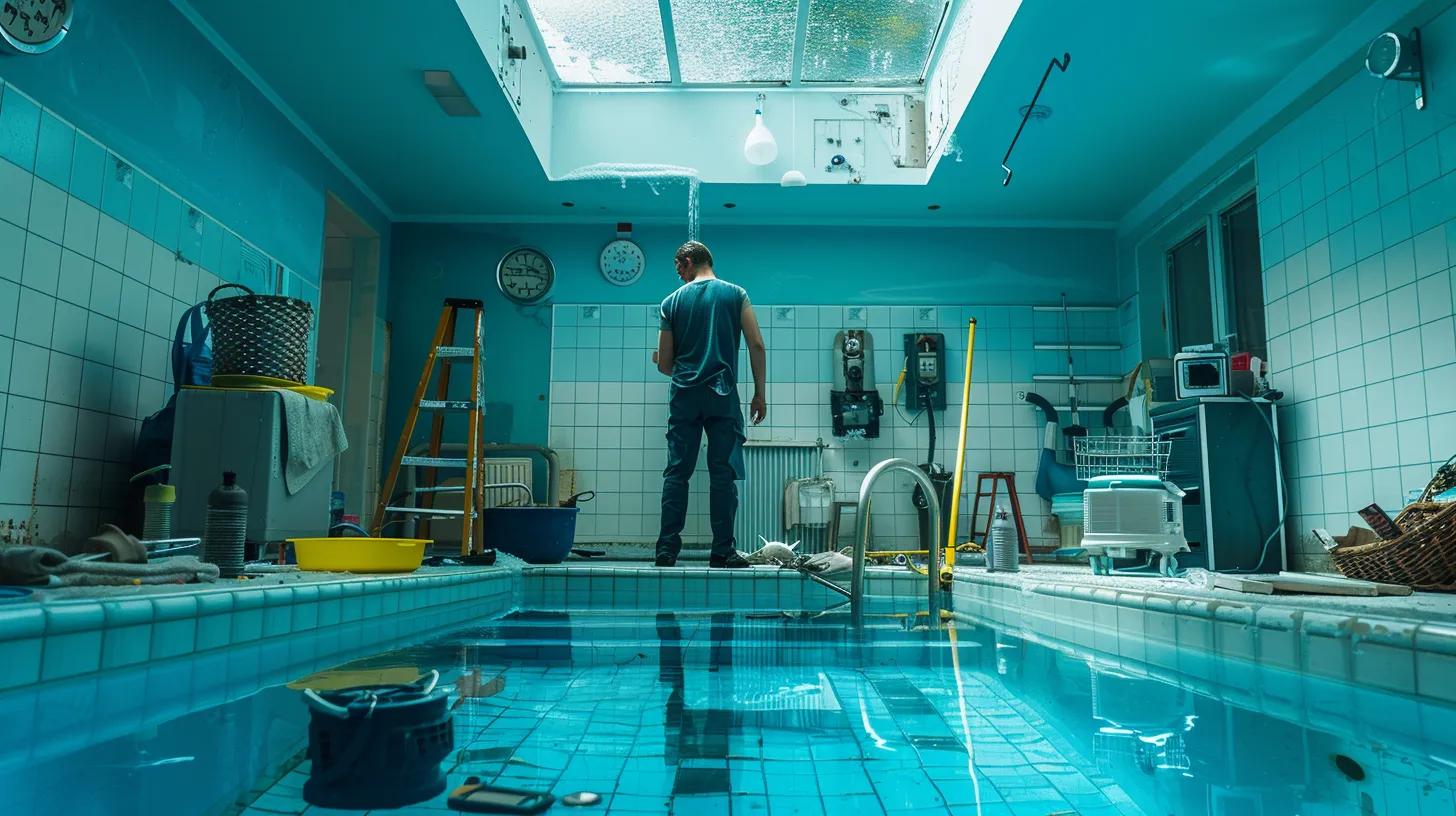 a visually engaging indoor scene of a professional pool maintenance technician inspecting a crystal-clear swimming pool, with tools and cleaning equipment strategically placed around, highlighting the resolution of common pool problems like algae growth and cloudy water.