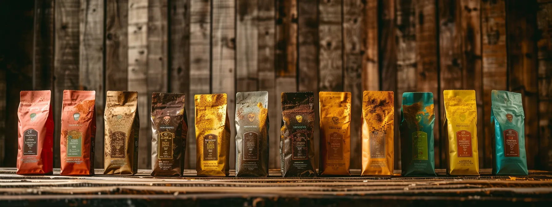 a visually enticing arrangement of various brands of organic mushroom coffee bags, each labeled with vibrant, earthy colors, set against a rustic wooden table illuminated by soft, natural light to emphasize their unique packaging and textures.