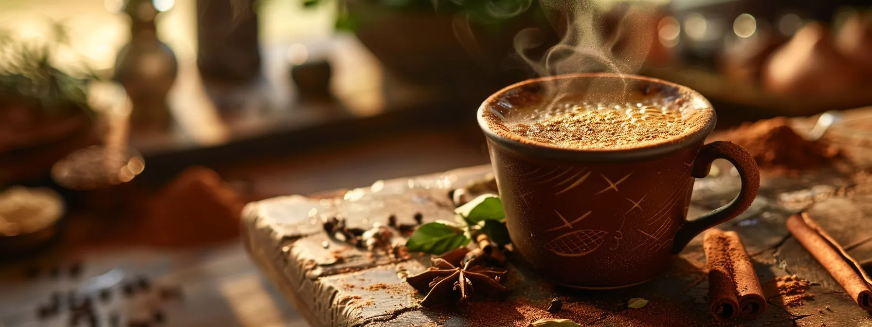 a visually enticing cup of mud coffee steams gently on a rustic wooden table, surrounded by vibrant spices and greenery, highlighting its rich nutmeg hints and inviting aroma, epitomizing an alternative beverage experience.