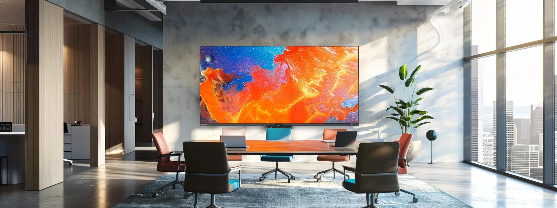 a visually impactful scene set in a sleek, modern office showcasing a large smart tv displaying immersive, high-production video content that blends dynamic visuals and data-driven insights, capturing the essence of tailored messaging for connected tv audiences.
