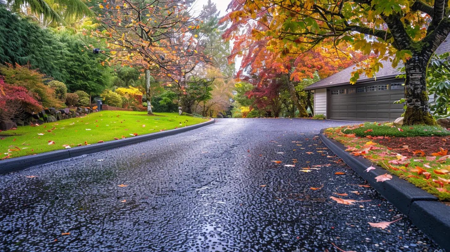 a visually striking autumn scene showcases a well-maintained asphalt driveway glistening after a light rain, framed by vibrant fall foliage, emphasizing the seasonal care and attention needed for long-lasting pavement durability. a visually striking autumn scene showcases a well-maintained asphalt driveway glistening after a light rain, framed by vibrant fall foliage, emphasizing the seasonal care and attention needed for long-lasting pavement durability.