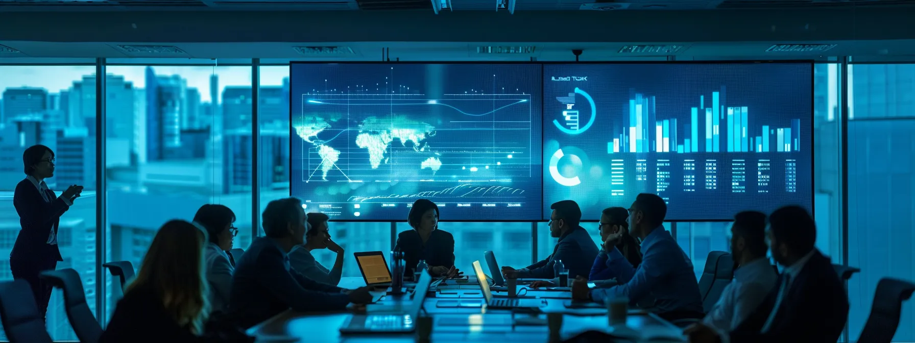 a visually striking boardroom scene captures a diverse group of business analysts engaging in a dynamic discussion around a large screen displaying intricate financial graphs and projections, illuminated by soft overhead lights that enhance the focus on their strategic collaboration. a visually striking boardroom scene captures a diverse group of business analysts engaging in a dynamic discussion around a large screen displaying intricate financial graphs and projections, illuminated by soft overhead lights that enhance the focus on their strategic collaboration.