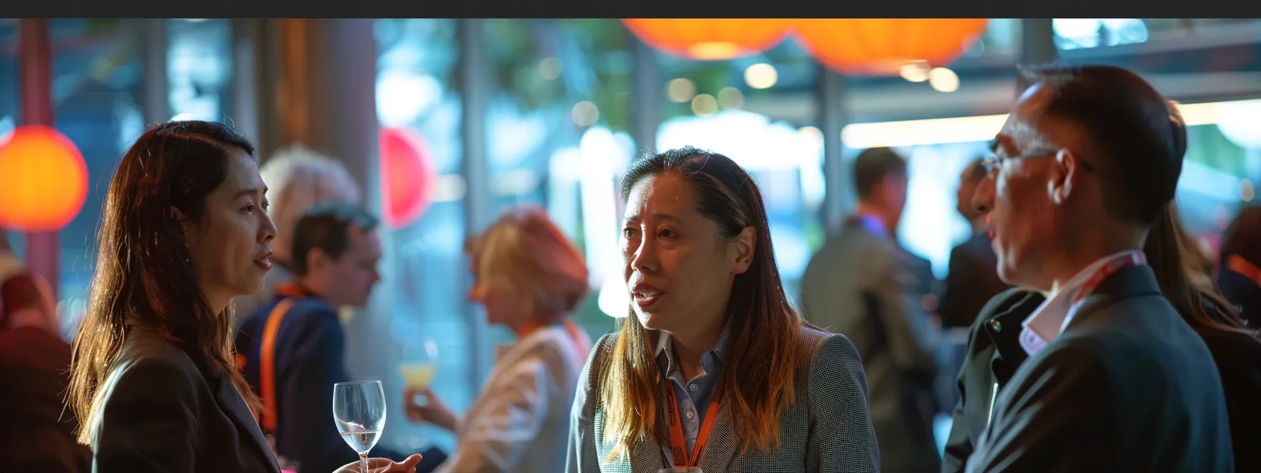 a visually striking candid scene captures a diverse group of professionals engaged in animated discussions at a networking event, with a backdrop featuring compelling architecture and technology displays, symbolizing the fusion of architecture and computer science.