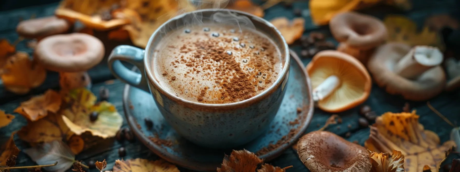 a visually striking close-up of a steaming cup of mushroom coffee on a dark wooden table, surrounded by vibrant mushrooms and subtle shadows, highlighting the rich, earthy tones and inviting aroma of the beverage.