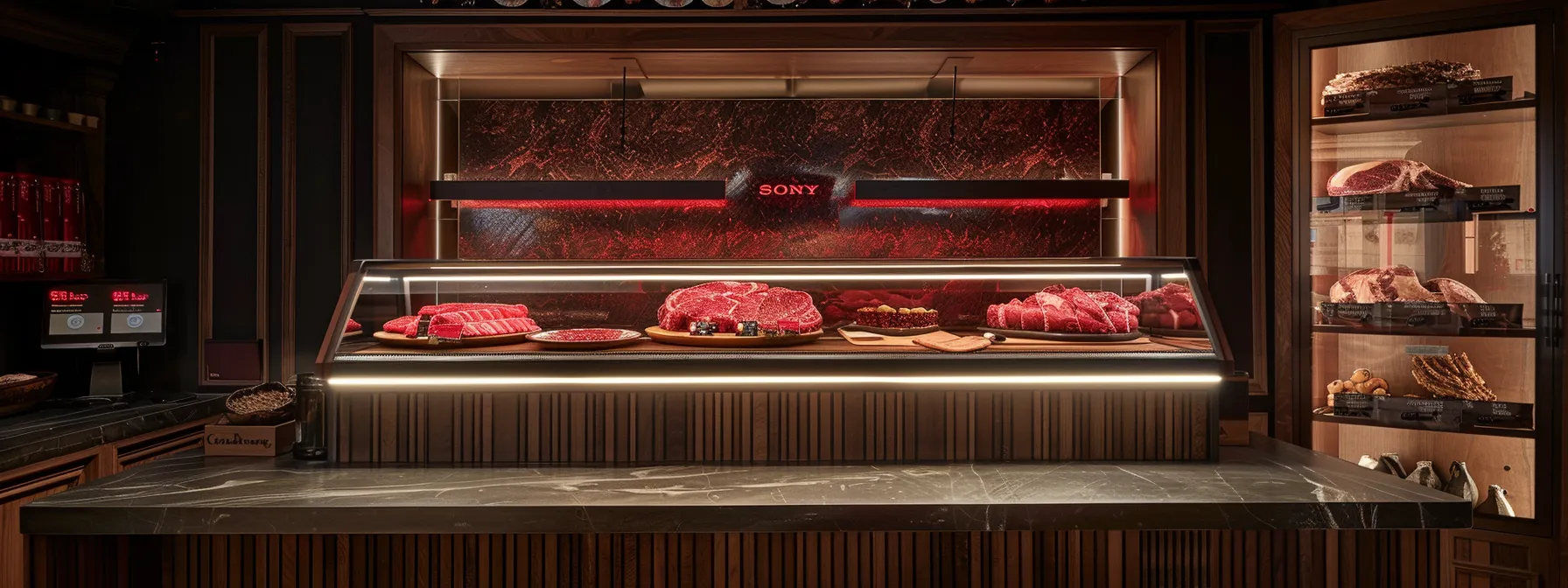 a visually striking display of an artfully arranged butcher shop counter showcasing premium cuts of grass-fed and grain-fed beef, with sophisticated meat-aging techniques subtly highlighted in the background, illuminating the concept of flavor enhancement through local sourcing.