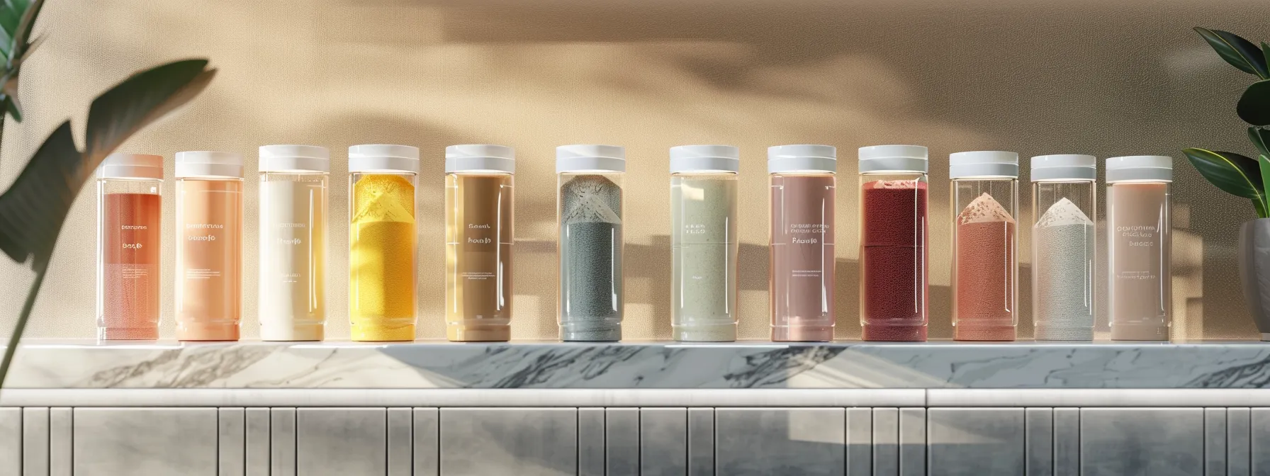 a visually striking display of various protein powder containers elegantly arranged on a sleek marble countertop, with vibrant labels showcasing unique ingredients like pea protein and electrolyte infusions, illuminated by soft, natural light to highlight the quality and appeal of the products.
