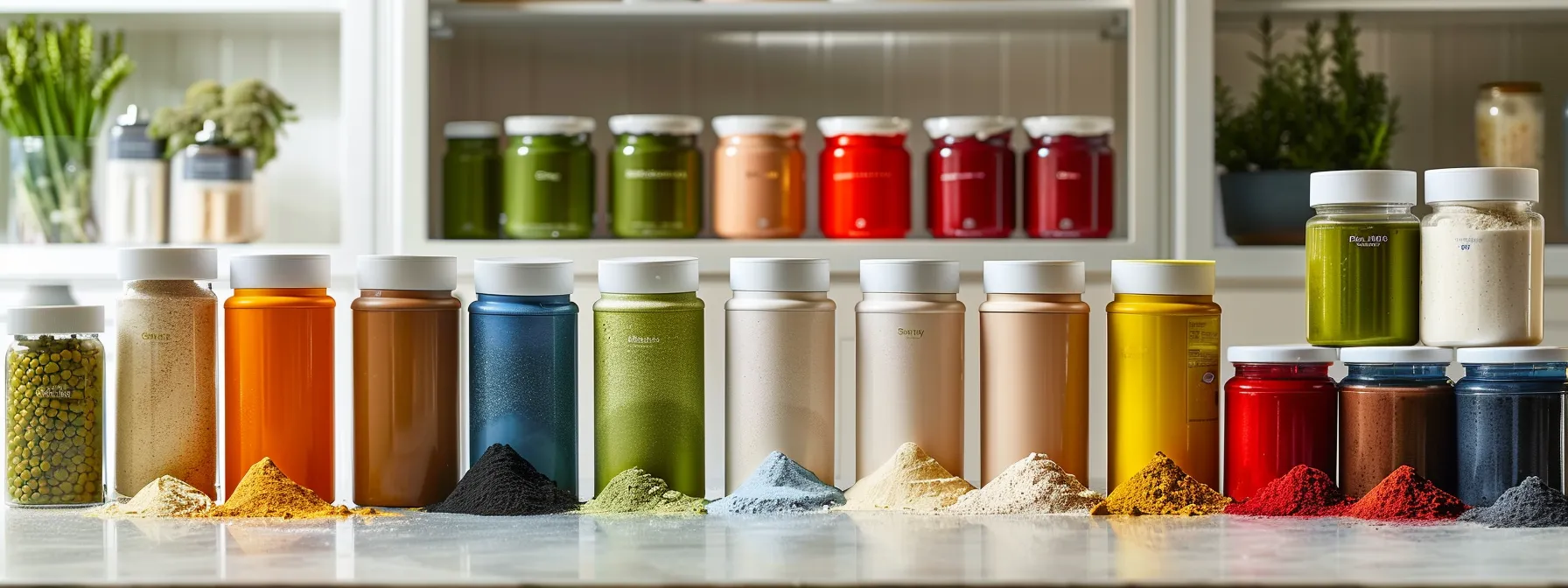 a visually striking display of an array of colorful protein powder containers arranged artfully on a sleek kitchen counter, bathed in soft natural light, highlighting their diverse sources and dietary labels to emphasize personalized nutrition choices.