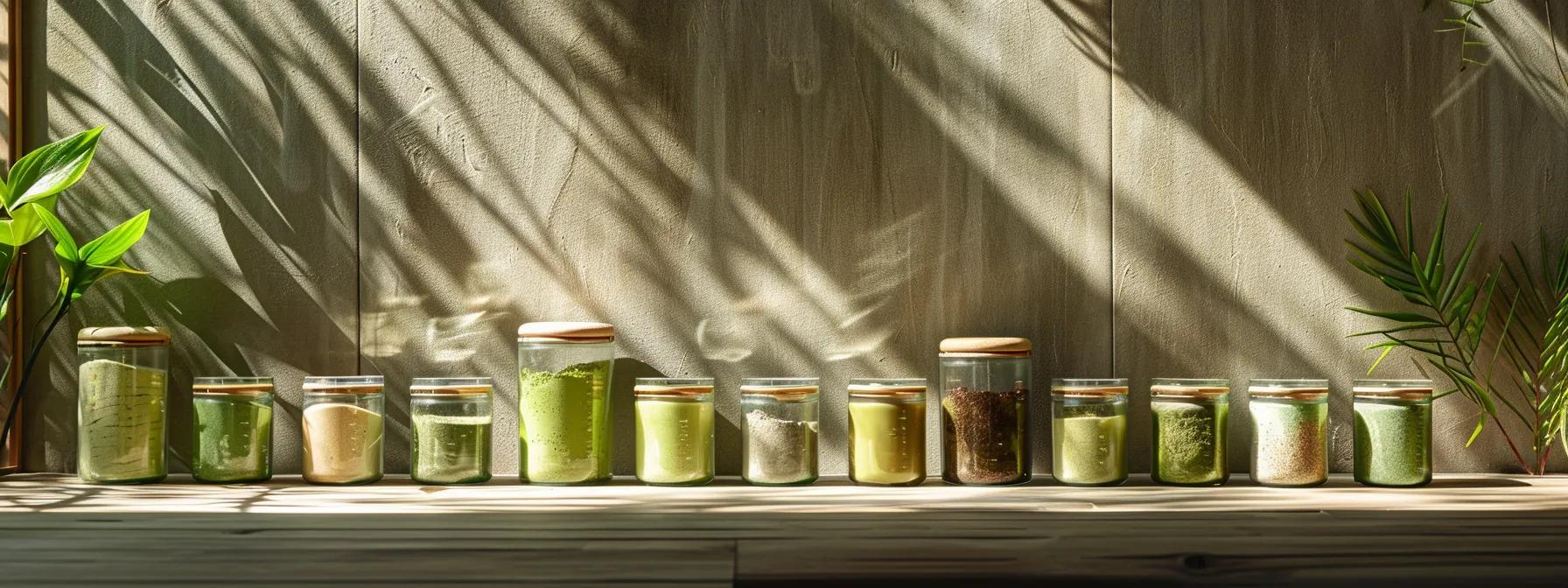 a visually striking display of elegantly arranged, airtight containers filled with vibrant mushroom matcha mix, beautifully illuminated by soft natural light to emphasize the rich colors and textures, set against a minimalist backdrop that highlights the importance of effective storage solutions.