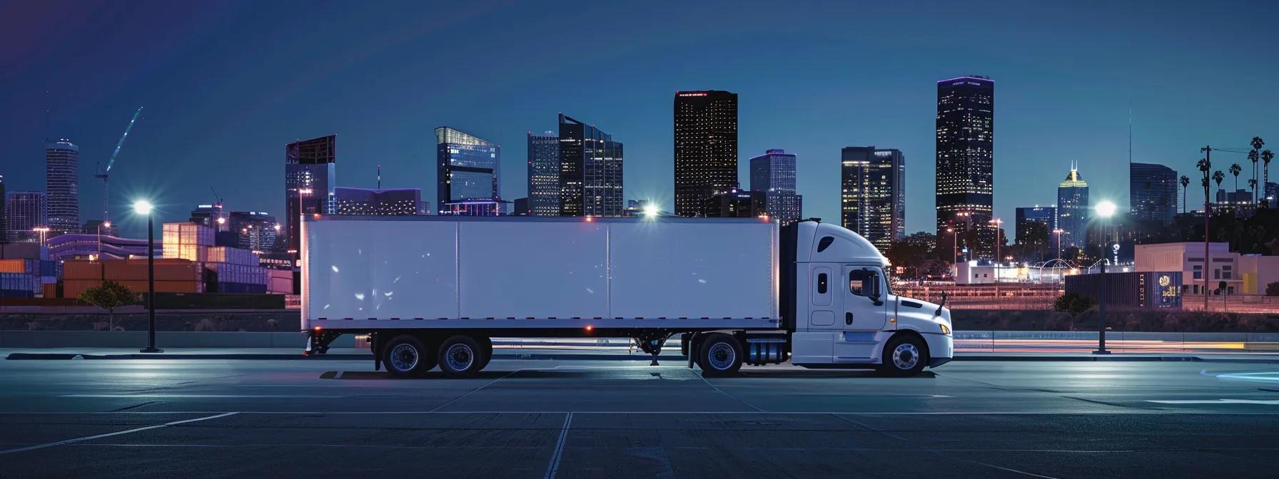 a visually striking image of a sleek refrigerated logistics truck parked outside a modern urban distribution hub, with a backdrop of bustling city life, symbolizing the high-tech transportation of arizona beef while emphasizing temperature control and efficiency in the supply chain.