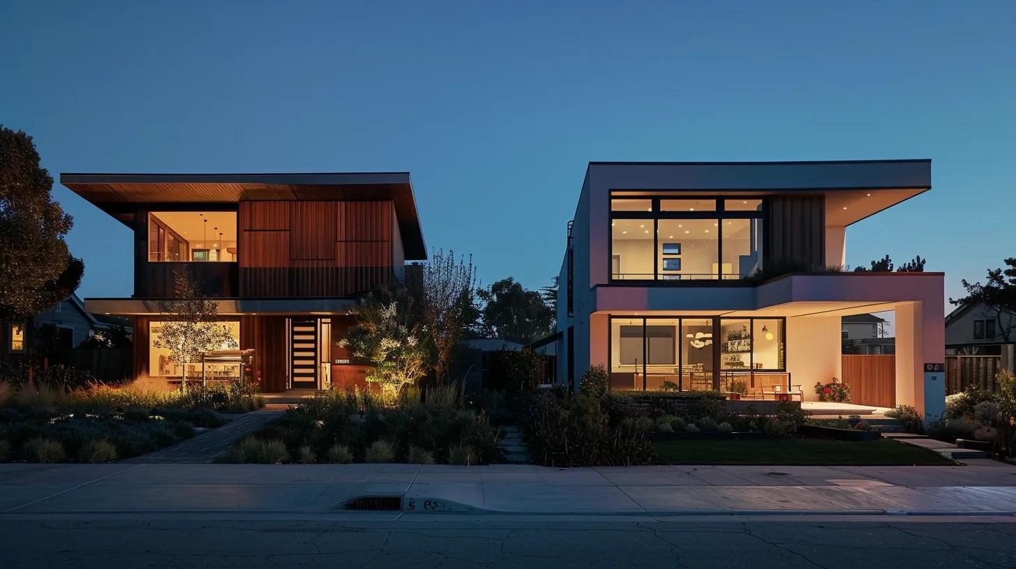 a visually striking image showcasing two contrasting homes side by side, one exuding warmth with a welcoming front yard reflecting strong community ties, and the other featuring a sleek, modern design symbolizing efficiency and broader choices, under soft golden hour lighting. a visually striking image showcasing two contrasting homes side by side, one exuding warmth with a welcoming front yard reflecting strong community ties, and the other featuring a sleek, modern design symbolizing efficiency and broader choices, under soft golden hour lighting.