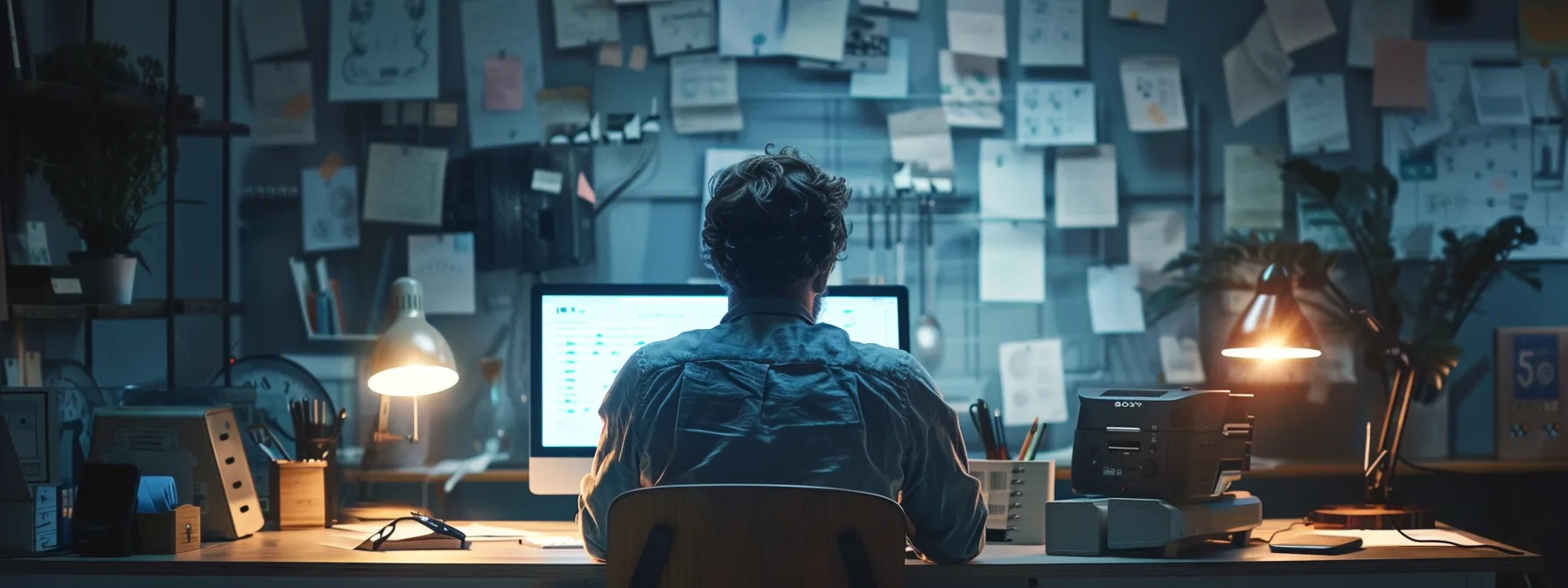 a visually striking office scene showcases a frustrated business owner examining a chaotic digital dashboard filled with mismatched local citations, with dim overhead lighting highlighting their concern over lost credibility and revenue growth opportunities.