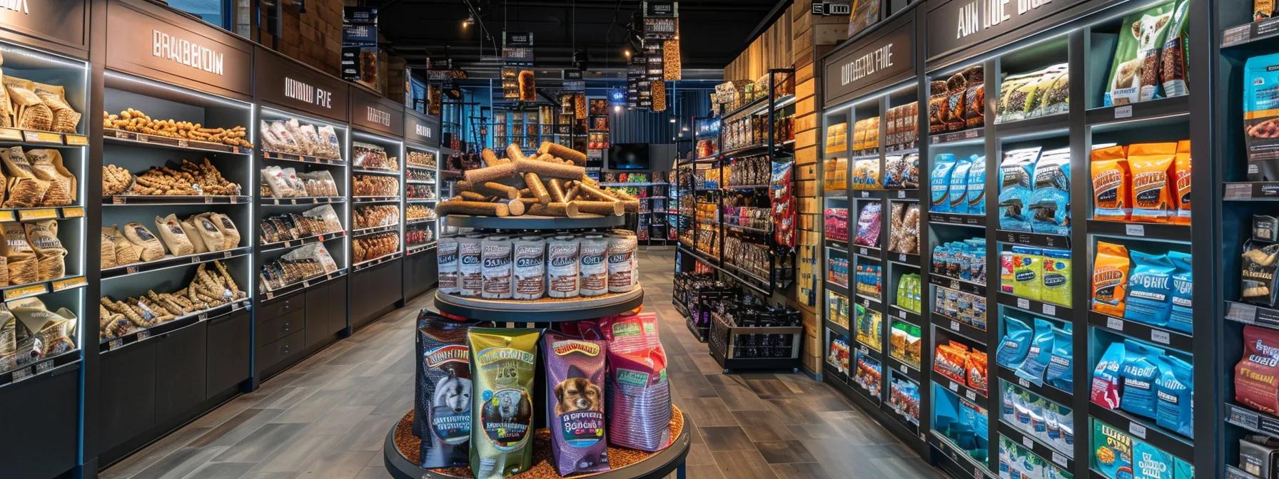 a visually striking pet store aisle showcases prominently displayed bully sticks in vibrant packaging, contrasted against various dog chews like rawhide and dental sticks, illuminated by bright overhead lights to emphasize their superior quality and appeal to discerning pet owners. a visually striking pet store aisle showcases prominently displayed bully sticks in vibrant packaging, contrasted against various dog chews like rawhide and dental sticks, illuminated by bright overhead lights to emphasize their superior quality and appeal to discerning pet owners.