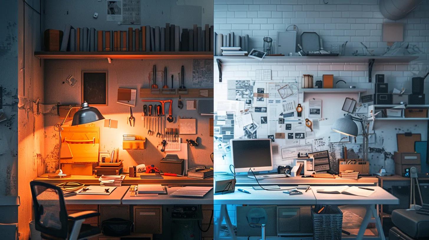 a visually striking split image contrasting a well-organized, professional contractor workspace with clear tools and documents on one side, and a cluttered, chaotic scene of an unlicensed contractor's setup on the other, illuminated by soft, natural light to highlight the stark differences in professionalism and safety standards. a visually striking split image contrasting a well-organized, professional contractor workspace with clear tools and documents on one side, and a cluttered, chaotic scene of an unlicensed contractor's setup on the other, illuminated by soft, natural light to highlight the stark differences in professionalism and safety standards.