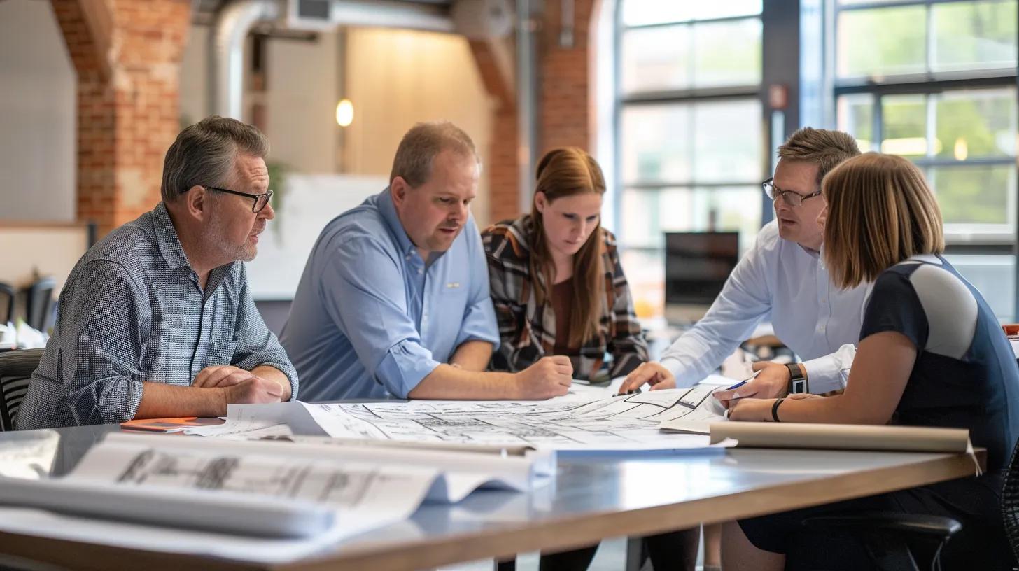 A visually striking urban office setting showcases a diverse group of professionals engaged in a collaborative discussion, surrounded by blueprints and permit applications, symbolizing the intricate process of obtaining and managing building permits in Knoxville, TN.