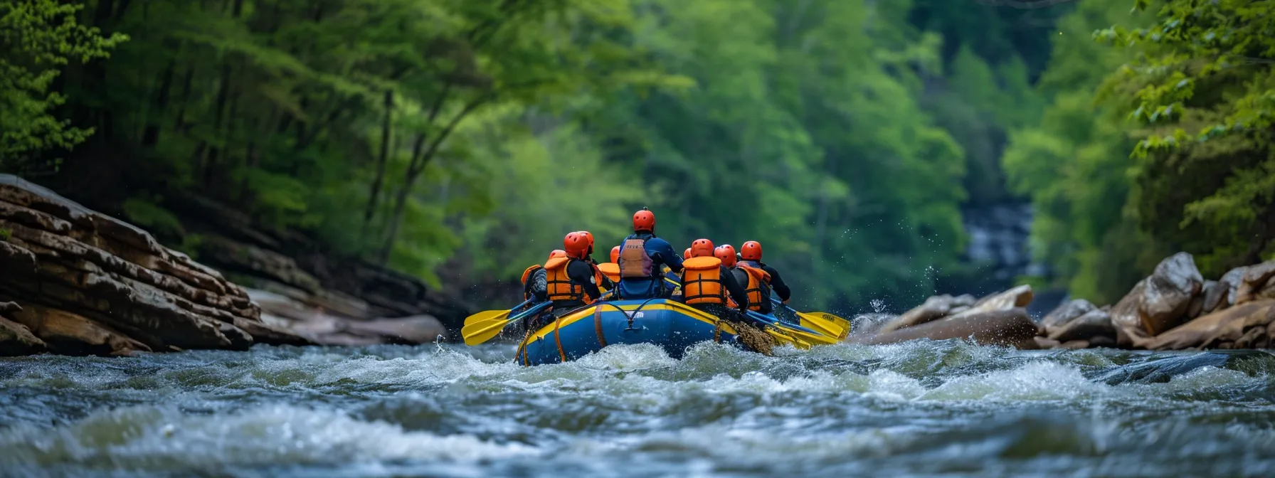 a vivid and dynamic scene captures a group of rafters in brightly colored life jackets navigating through the exhilarating whitewater rapids near chattanooga, with attentive guides instructing them on essential safety measures against a backdrop of lush greenery and dramatic cliffs.