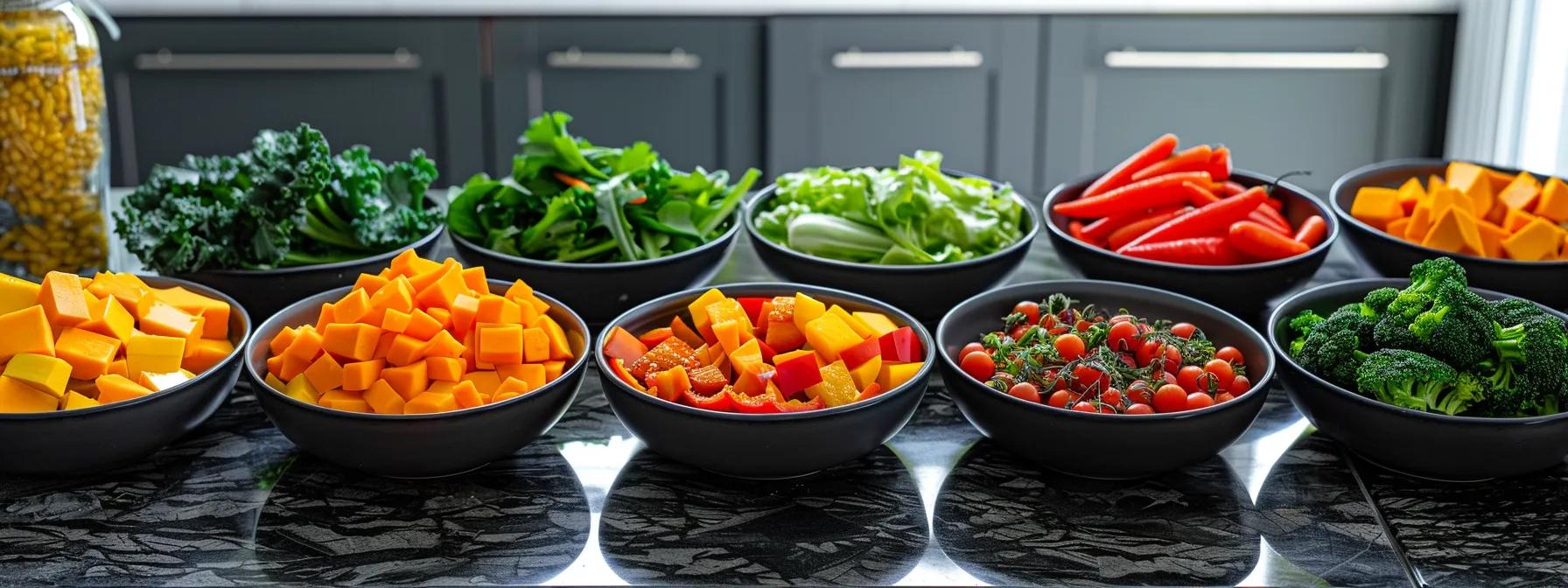 a vivid and well-organized kitchen counter displays an array of freshly prepared, colorful vegetables and greens, including vibrant collard greens and bright butternut squash, arranged in bowls, emphasizing their nutritional importance for bearded dragons' meals. a vivid and well-organized kitchen counter displays an array of freshly prepared, colorful vegetables and greens, including vibrant collard greens and bright butternut squash, arranged in bowls, emphasizing their nutritional importance for bearded dragons' meals.