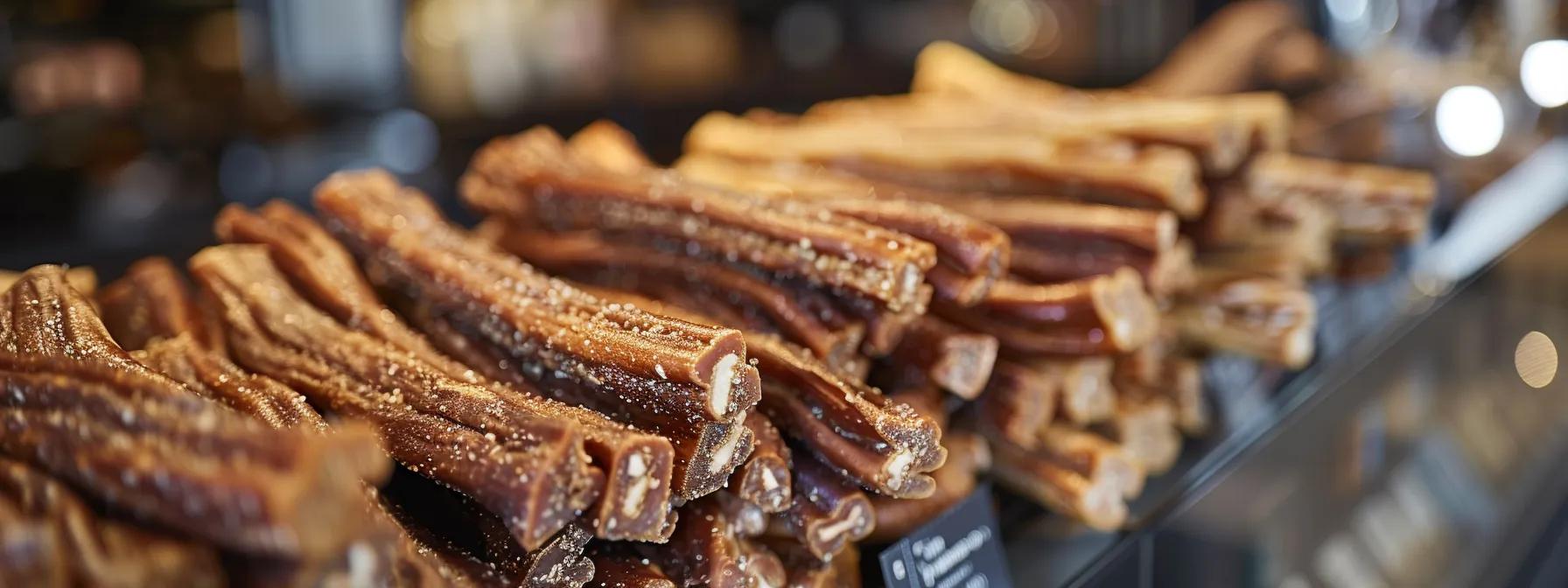a vivid close-up shot of high-quality bully sticks displayed on a sleek, modern pet supply store counter, emphasizing their rich, textured surface and natural presentation, illuminated by warm, inviting overhead lighting. a vivid close-up shot of high-quality bully sticks displayed on a sleek, modern pet supply store counter, emphasizing their rich, textured surface and natural presentation, illuminated by warm, inviting overhead lighting.