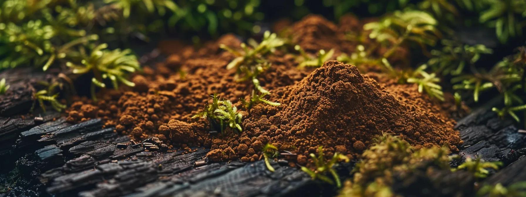 a vivid close-up of rich, dark chaga mushroom powder elegantly spread on a rustic wooden surface, surrounded by fresh, green moss, with soft, natural light highlighting its earthy texture and emphasizing its role as a powerful health supplement.