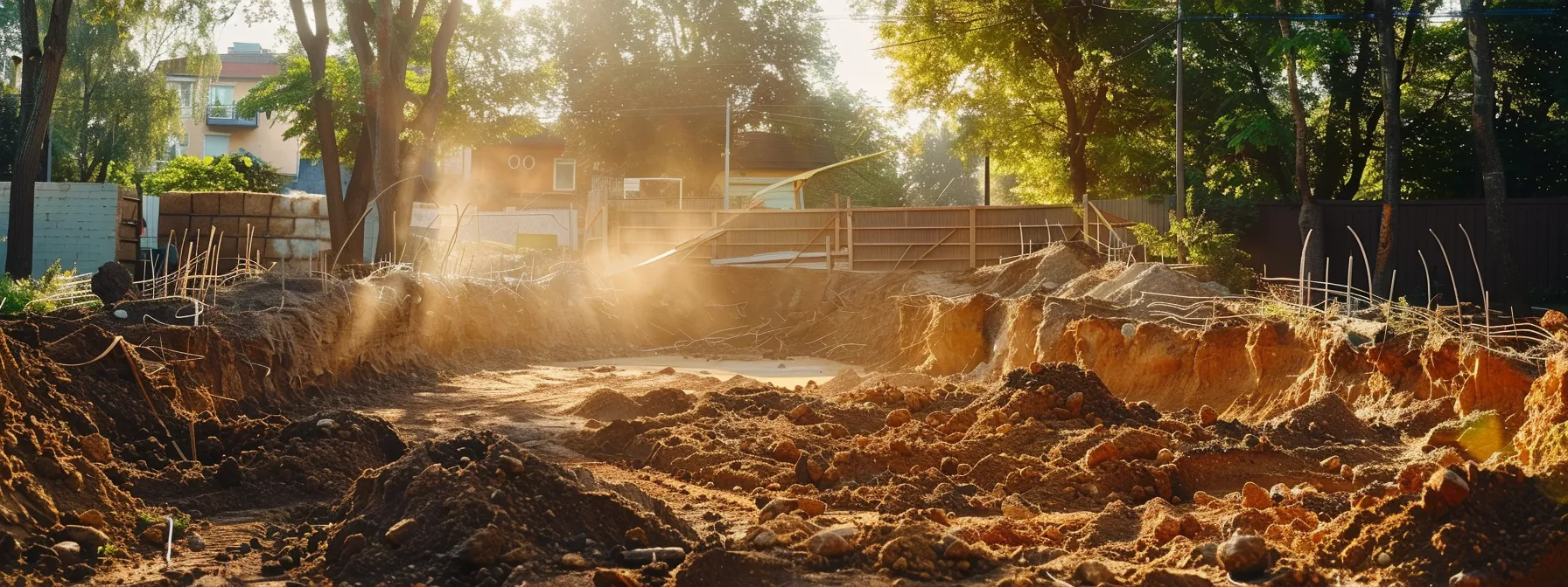 a vivid construction site depicts a careful excavation process, showcasing rich brown earth, lush green trees preserved nearby, and protective barriers managing soil erosion under soft, natural sunlight. a vivid construction site depicts a careful excavation process, showcasing rich brown earth, lush green trees preserved nearby, and protective barriers managing soil erosion under soft, natural sunlight.
