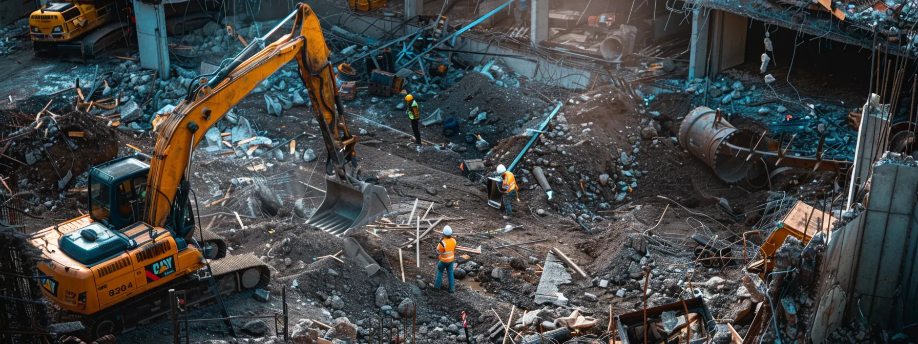 a vivid portrayal of a residential demolition site showcasing workers clad in bright, protective gear, surrounded by heavy machinery and debris, emphasizing the critical importance of safety and efficiency in construction. a vivid portrayal of a residential demolition site showcasing workers clad in bright, protective gear, surrounded by heavy machinery and debris, emphasizing the critical importance of safety and efficiency in construction.