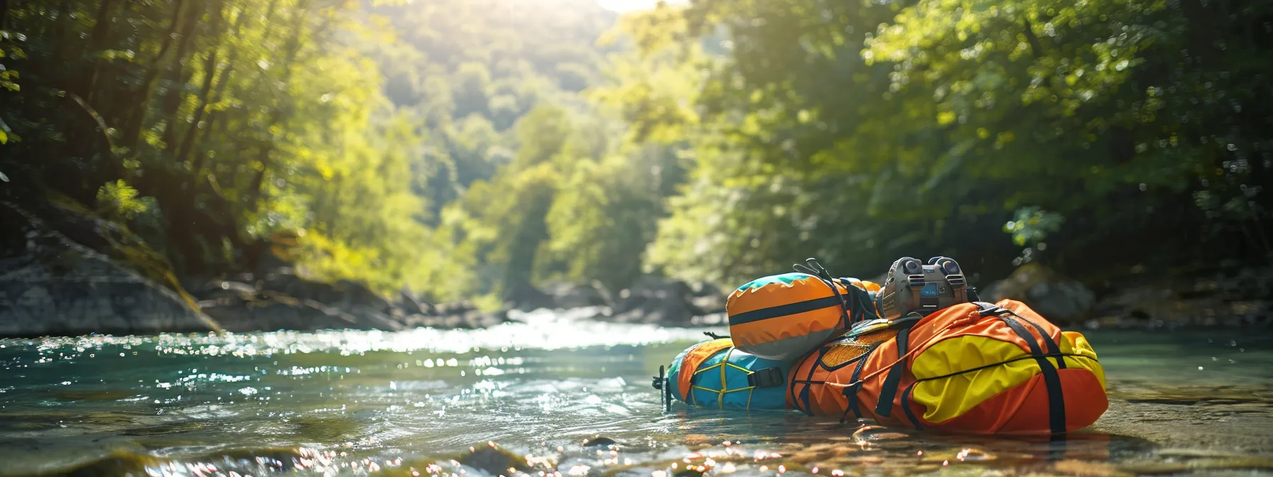 a vivid, realistic scene of an organized rafting safety equipment checklist displayed against a picturesque backdrop of the ocoee river, highlighting essential gear in vibrant colors, with natural sunlight glistening on the water's surface.