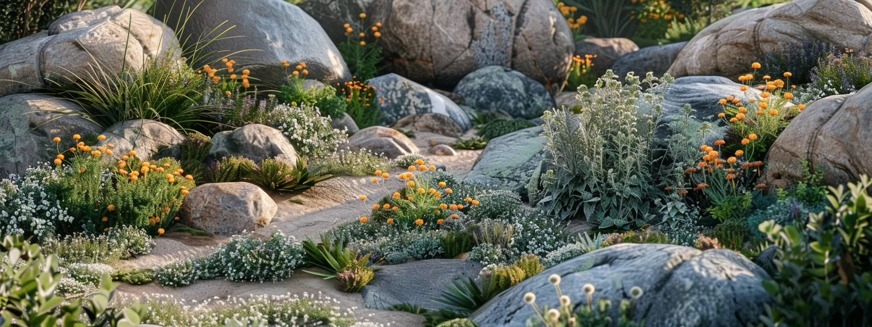 a vivid urban garden showcases creatively arranged boulders of diverse shapes and colors, interspersed with seasonal plants and cultural motifs, capturing the essence of personalized landscape design.