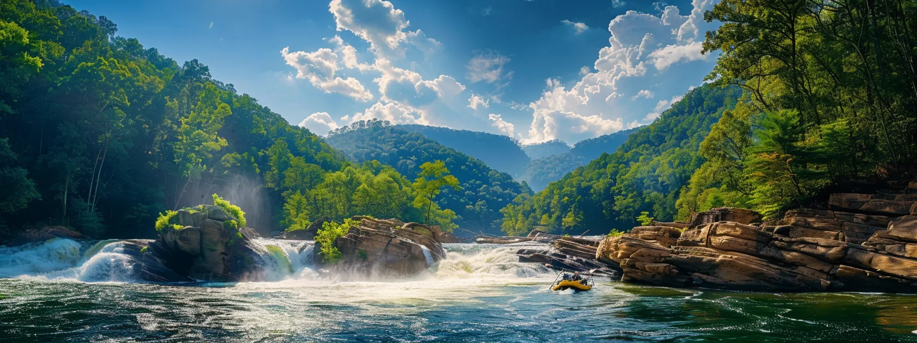 a vivid view of a self-guided rafting adventure on the ocoee river, showcasing colorful rafts navigating through cascading whitewater, surrounded by lush greenery under a bright blue sky, capturing the essence of excitement and preparation for an outdoor journey.