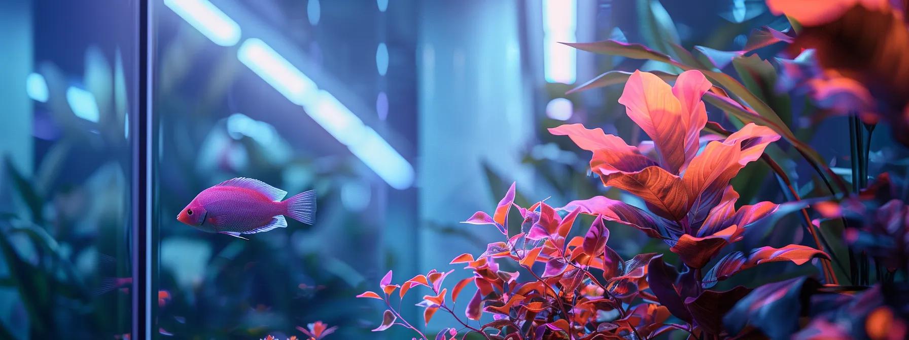 a vividly illuminated modern aquarium showcases a spectrum of vibrant fish and flourishing plants, enhanced by precise led lighting that highlights their natural colors against a sleek, minimalist backdrop. a vividly illuminated modern aquarium showcases a spectrum of vibrant fish and flourishing plants, enhanced by precise led lighting that highlights their natural colors against a sleek, minimalist backdrop.