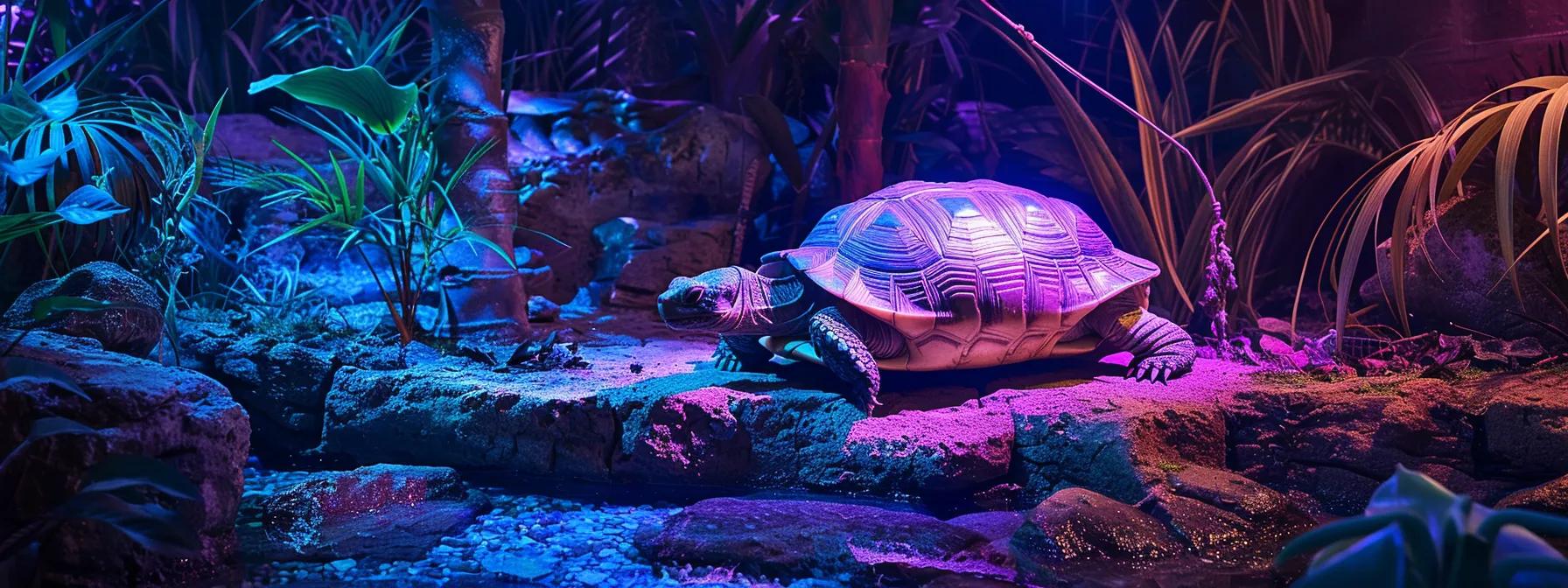 a vividly illuminated reptile habitat showcases a vibrant tortoise basking under a specialized uvb lamp, highlighting its alert demeanor and active behavior in a meticulously designed indoor environment. a vividly illuminated reptile habitat showcases a vibrant tortoise basking under a specialized uvb lamp, highlighting its alert demeanor and active behavior in a meticulously designed indoor environment.