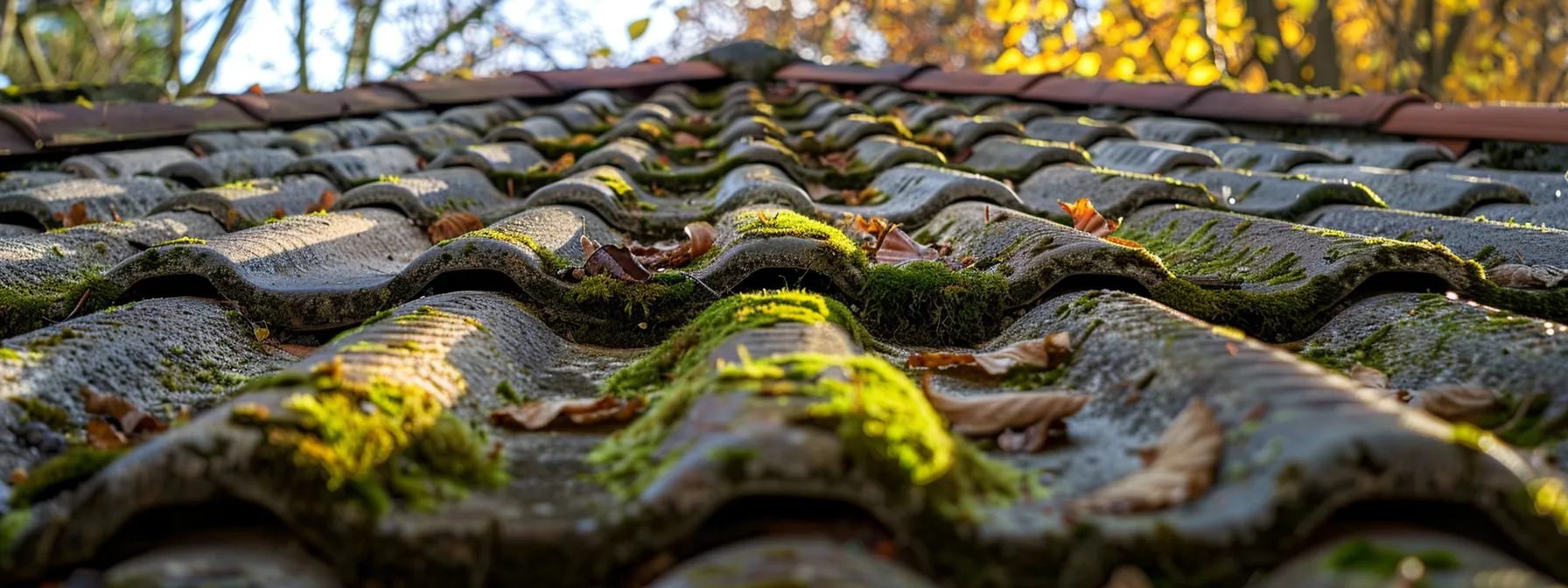 a vividly sunlit roof, adorned with lush green moss and dry leaves, illustrates the critical need for pressure washing, showcasing the contrast between its neglected appearance and the fresh, clean sections emerging beneath. a vividly sunlit roof, adorned with lush green moss and dry leaves, illustrates the critical need for pressure washing, showcasing the contrast between its neglected appearance and the fresh, clean sections emerging beneath.