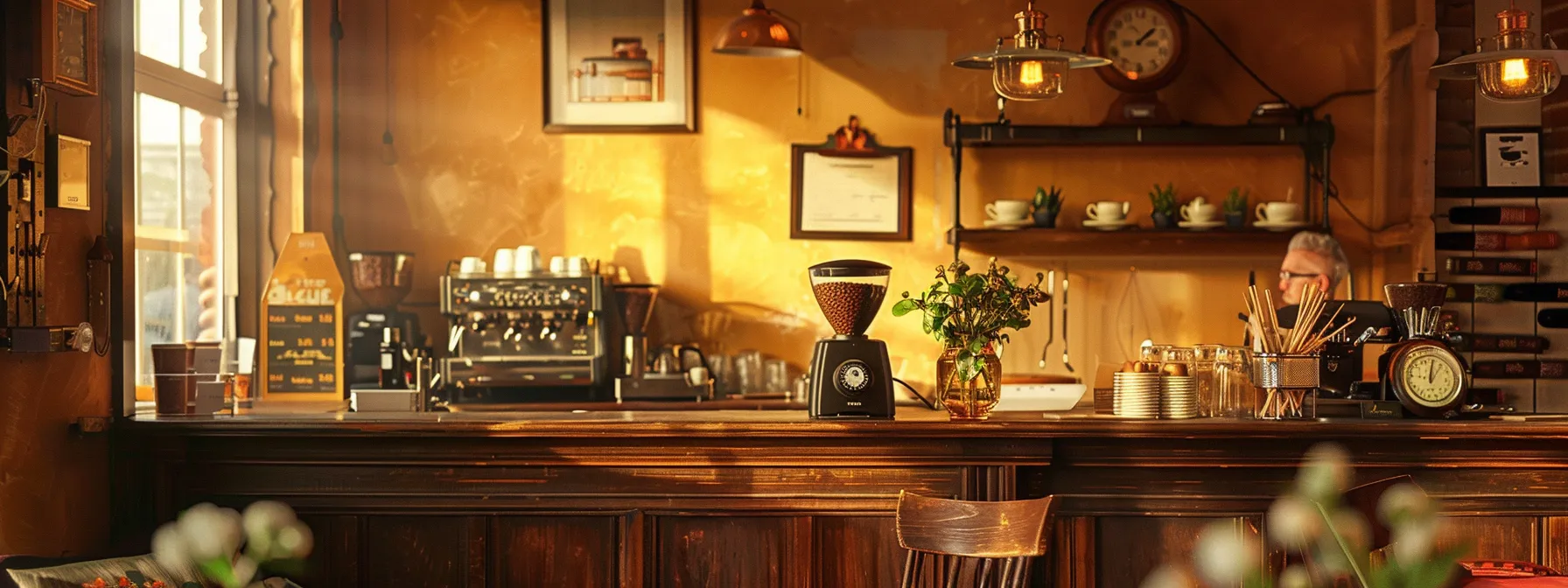 a warm and inviting coffee shop interior, featuring a sleek wooden counter adorned with artisanal coffee brewing equipment, where a customer engaged in a focused conversation on a vintage rotary phone, surrounded by the rich aroma of freshly brewed coffee and cozy, ambient lighting.