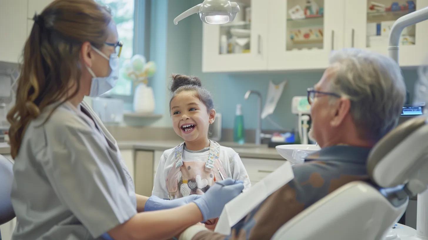 a warm and inviting dental clinic interior showcases a cheerful dentist interacting with a delighted child and a smiling senior, highlighting the specialized care available for all ages in a modern, brightly-lit setting.