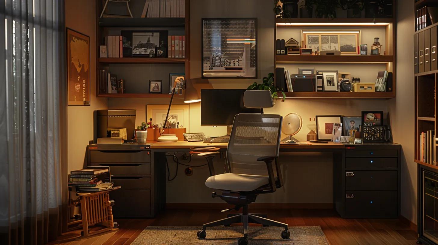 a warm and inviting home office scene featuring an ergonomic chair with adjustable features, softly lit by ambient lighting, surrounded by personal memorabilia and family photos that reflect a comforting and relaxed atmosphere.