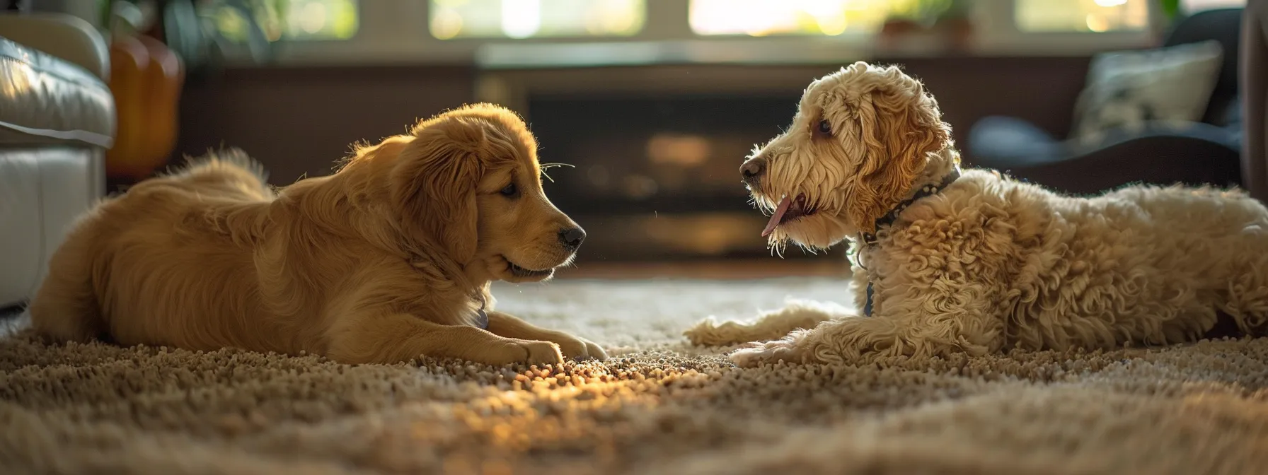 a warm and inviting indoor setting captures a playful golden retriever and a fluffy goldendoodle joyfully interacting on a plush carpet, bathed in soft, ambient light that highlights their affectionate expressions.
