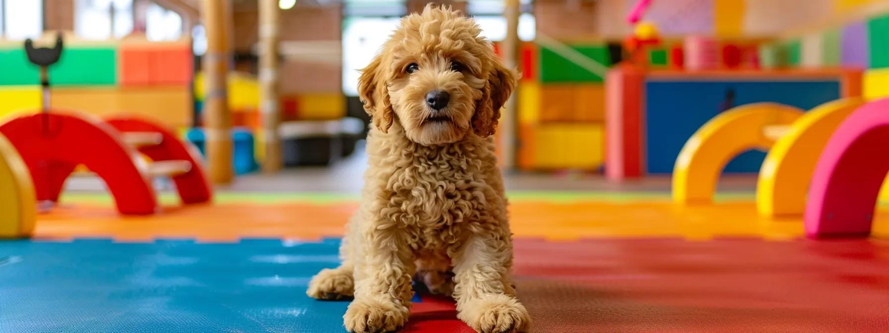 a warm and inviting indoor training space showcases a playful golden doodle eagerly engaging with a professional trainer, surrounded by colorful agility equipment and training tools that highlight the excitement of preparing puppies for classes.