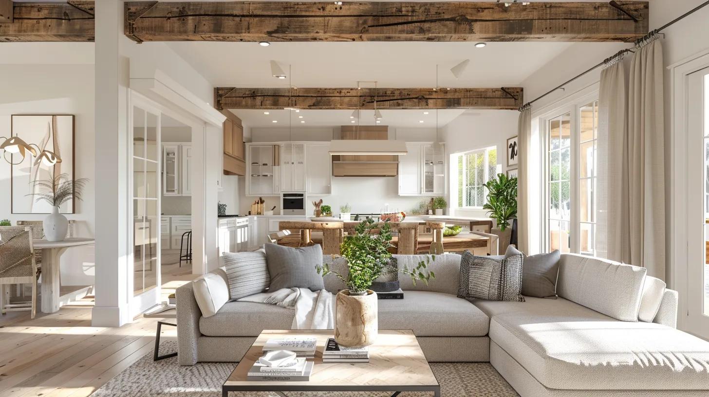 a warm and inviting interior of a craftsman home showcases beautifully crafted wooden beams, a cozy bungalow layout, and an open floor concept that enhances the space's charm and connectivity, all bathed in soft, natural light. a warm and inviting interior of a craftsman home showcases beautifully crafted wooden beams, a cozy bungalow layout, and an open floor concept that enhances the space's charm and connectivity, all bathed in soft, natural light.