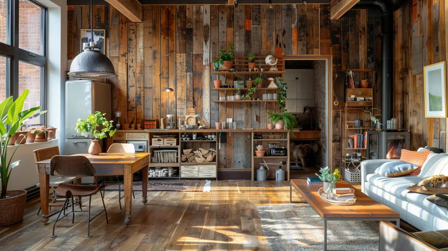 a warm and inviting living space is adorned with innovative decor made from reclaimed wood, vibrant upcycled textiles, and sleek metal accents, creating a striking fusion of rustic charm and modern elegance. a warm and inviting living space is adorned with innovative decor made from reclaimed wood, vibrant upcycled textiles, and sleek metal accents, creating a striking fusion of rustic charm and modern elegance.