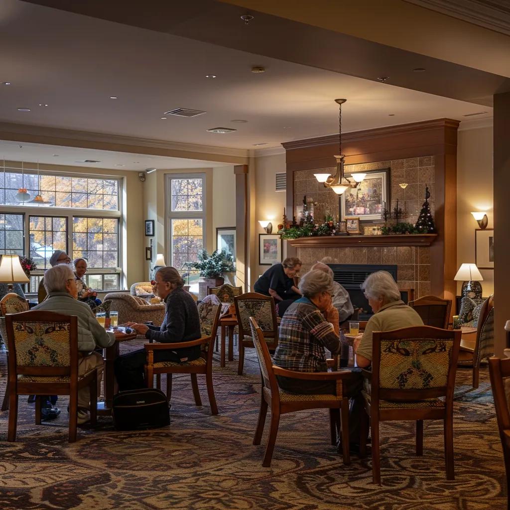 a warm and inviting senior care facility common room, filled with elderly residents engaged in interactive activities, surrounded by thoughtful decor that promotes memory and connection. a warm and inviting senior care facility common room, filled with elderly residents engaged in interactive activities, surrounded by thoughtful decor that promotes memory and connection.