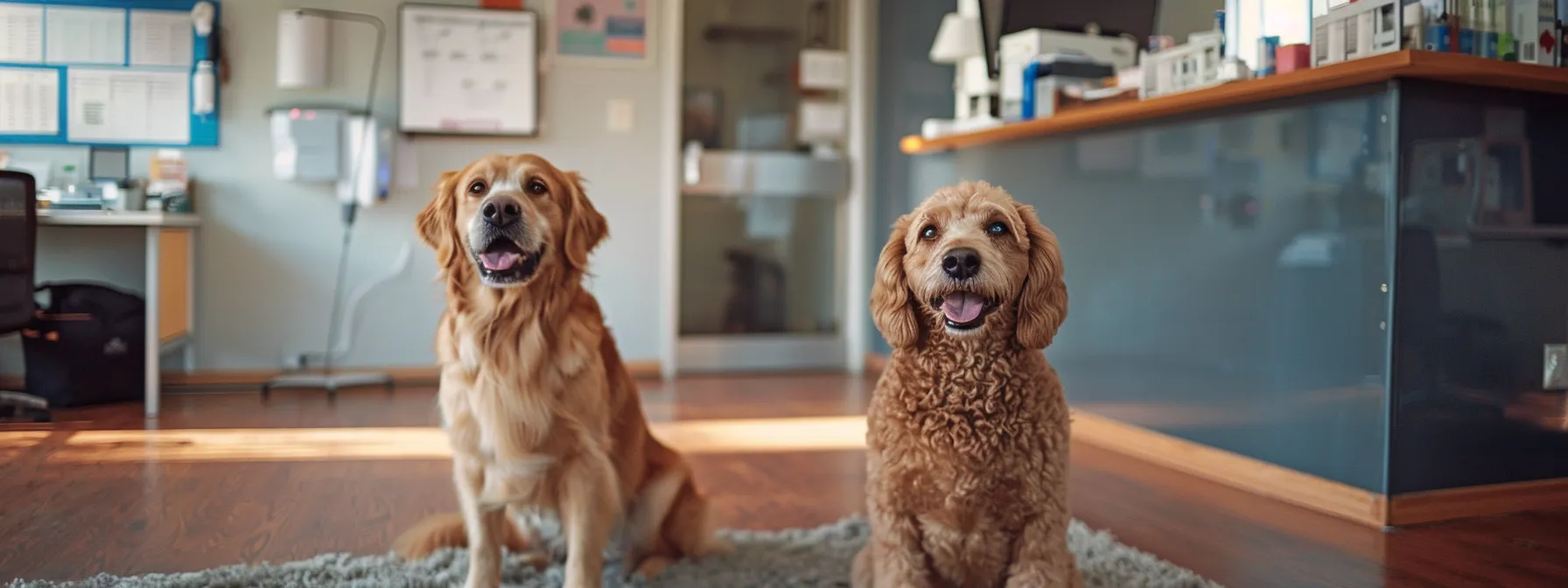 a warm and inviting veterinary office scene features a friendly golden retriever and a labradoodle sitting on a plush rug, surrounded by organized medical records and vaccination charts on a sleek, modern table, conveying the importance of thorough preparation for their care during a boarding stay.
