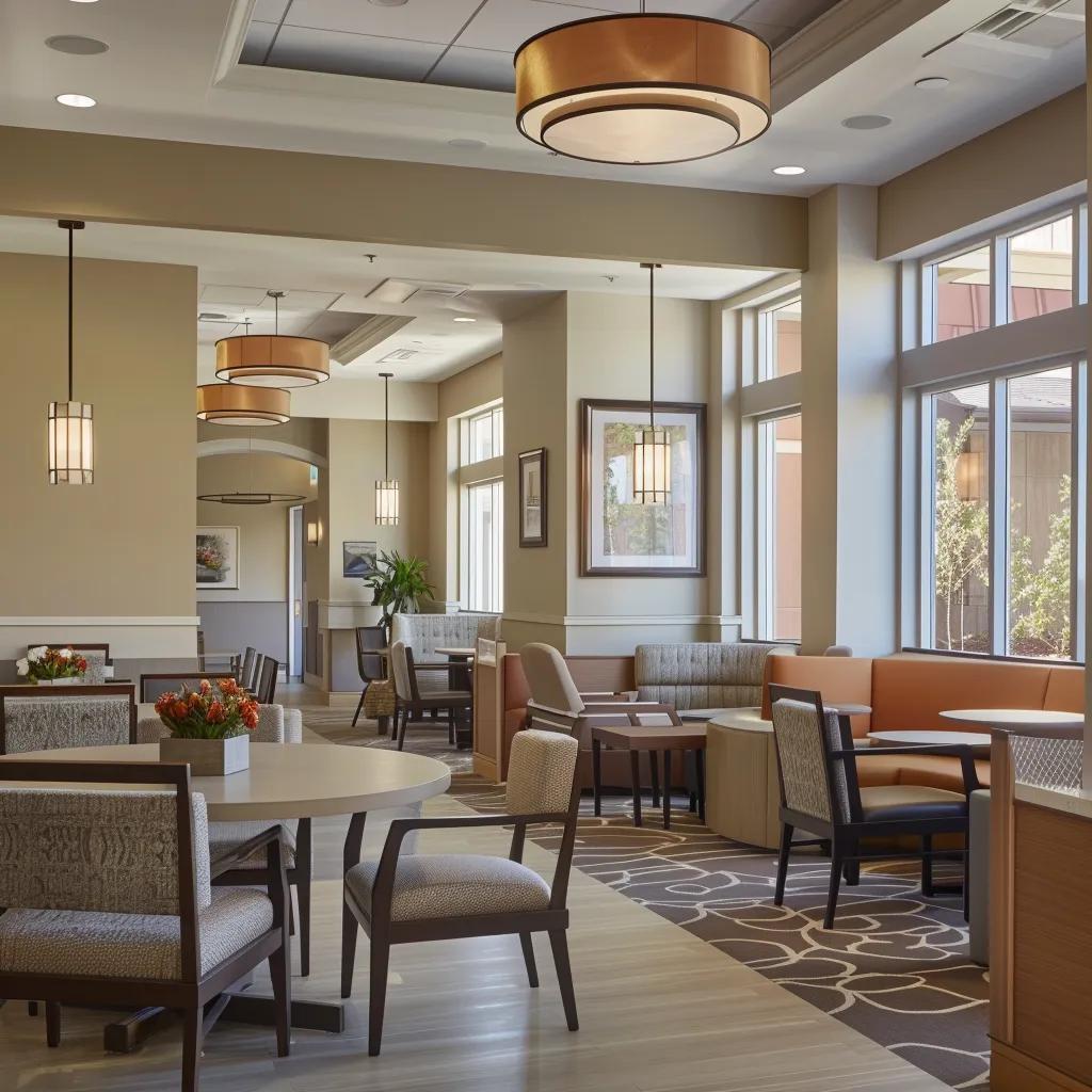 a warm, inviting common area in a modern nursing home, featuring comfortably arranged seating and carefully designed decor, emphasizing a sense of community and care for memory care residents.