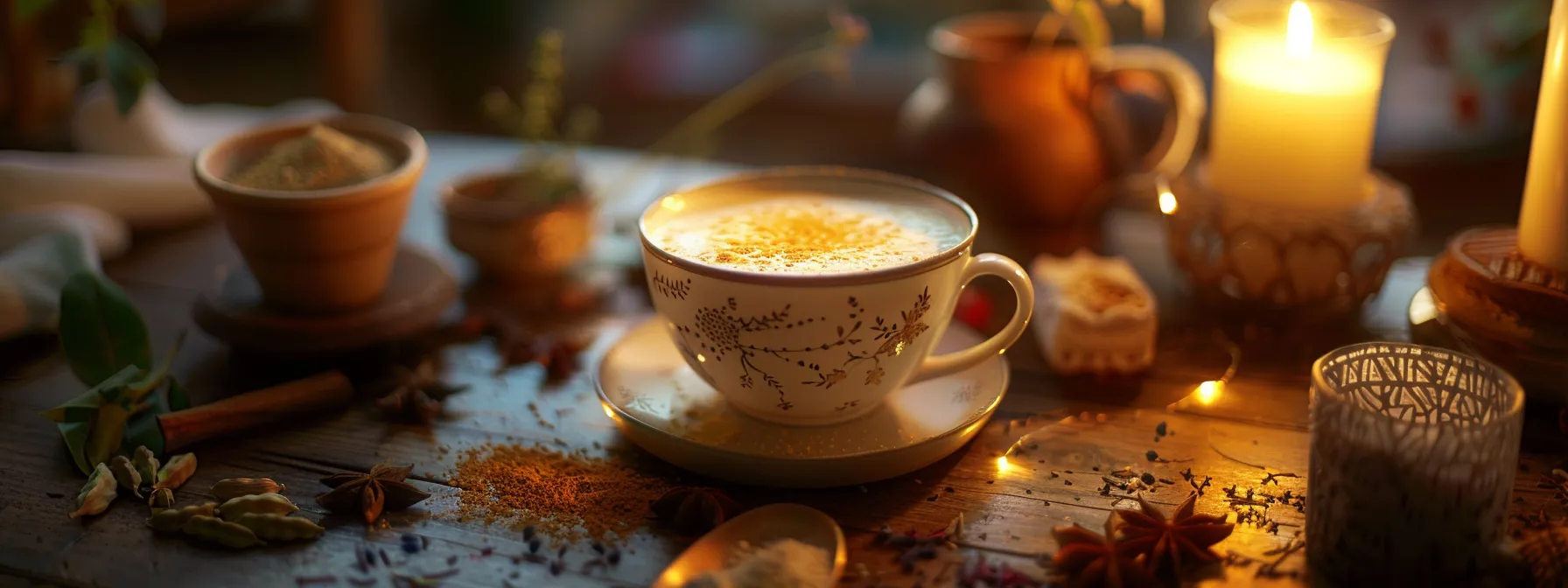 a warm, inviting cup of golden milk glows gently in soft, natural light, surrounded by vibrant spices and herbs that evoke its soothing, health-enhancing qualities.
