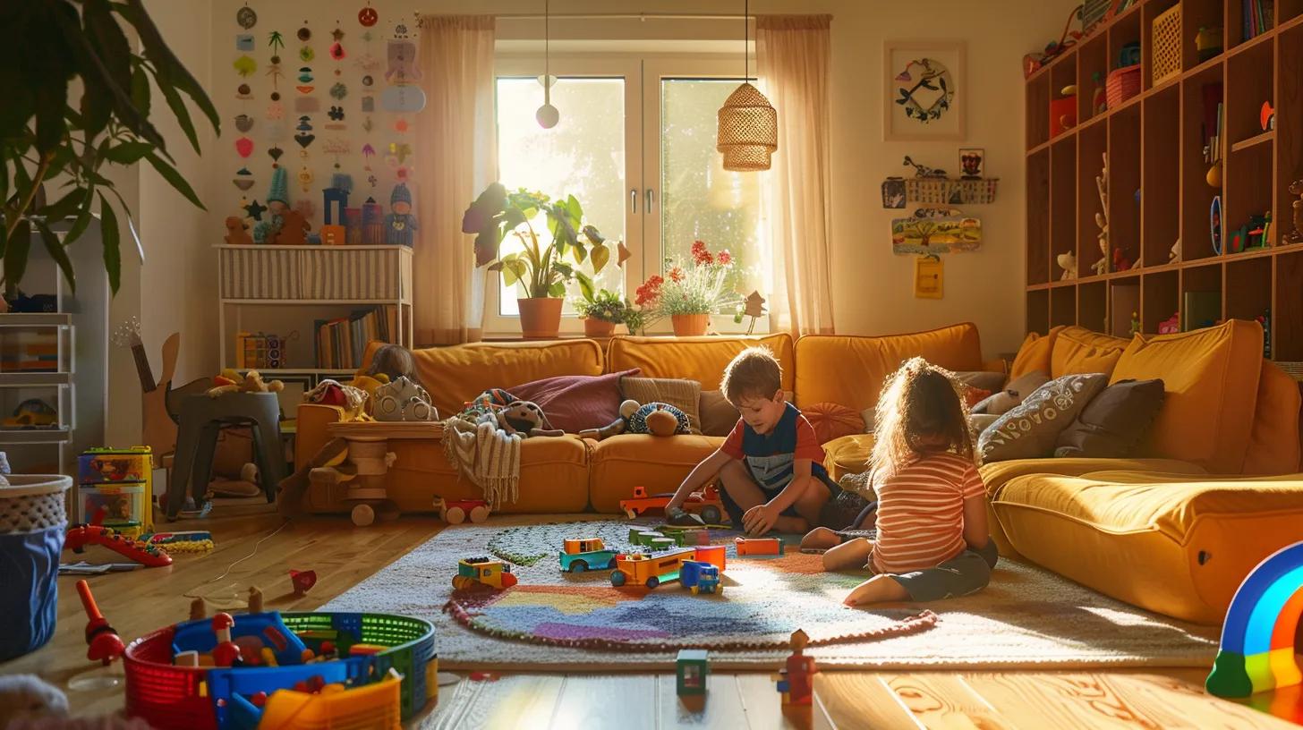 a warm, inviting family living room filled with laughter as parents and children work together joyfully to clean and organize, surrounded by colorful toys and cozy furnishings that highlight teamwork and shared responsibility.