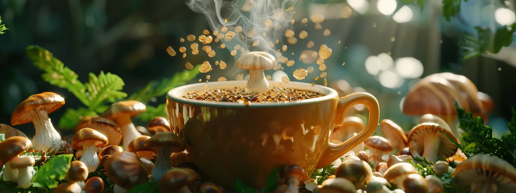 a warm, inviting image of a steaming cup of mushroom coffee surrounded by fresh mushrooms and aromatic herbs, bathed in soft morning light to evoke a sense of natural wellness and flavor richness.