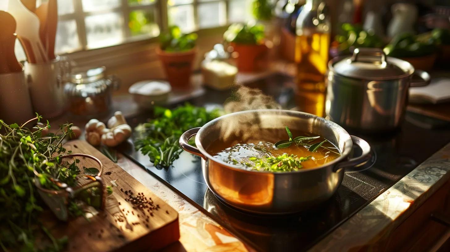 a warm, inviting kitchen countertop displays a simmering pot of rich dog bone broth, surrounded by an array of fresh herbs and spices, capturing the essence of homemade pet nutrition. a warm, inviting kitchen countertop displays a simmering pot of rich dog bone broth, surrounded by an array of fresh herbs and spices, capturing the essence of homemade pet nutrition.