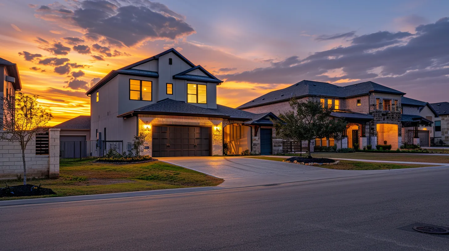 a warm, inviting residential neighborhood in harker heights, tx, showcases modern single-family homes bathed in golden hour light, emphasizing a sense of community and opportunity for first-time homebuyers. a warm, inviting residential neighborhood in harker heights, tx, showcases modern single-family homes bathed in golden hour light, emphasizing a sense of community and opportunity for first-time homebuyers.